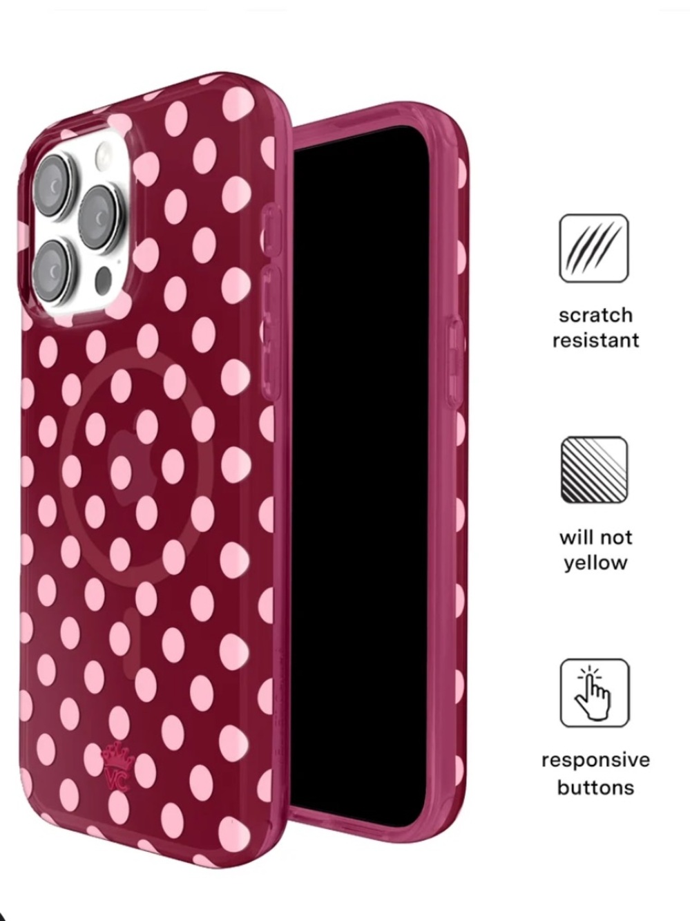 Velvet Caviar raspberry iPhone 15 pro Case with Light Pink Polka Dots